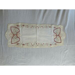 Vintage Embroidered Off White Table Runner,  35x14 inches, Hearts, Flowers